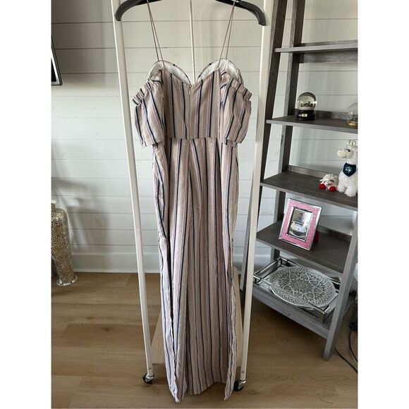Hot Miami Styles pinstripe strappy jumpsuit flutter sleeves slit legs medium - Picture 7 of 13